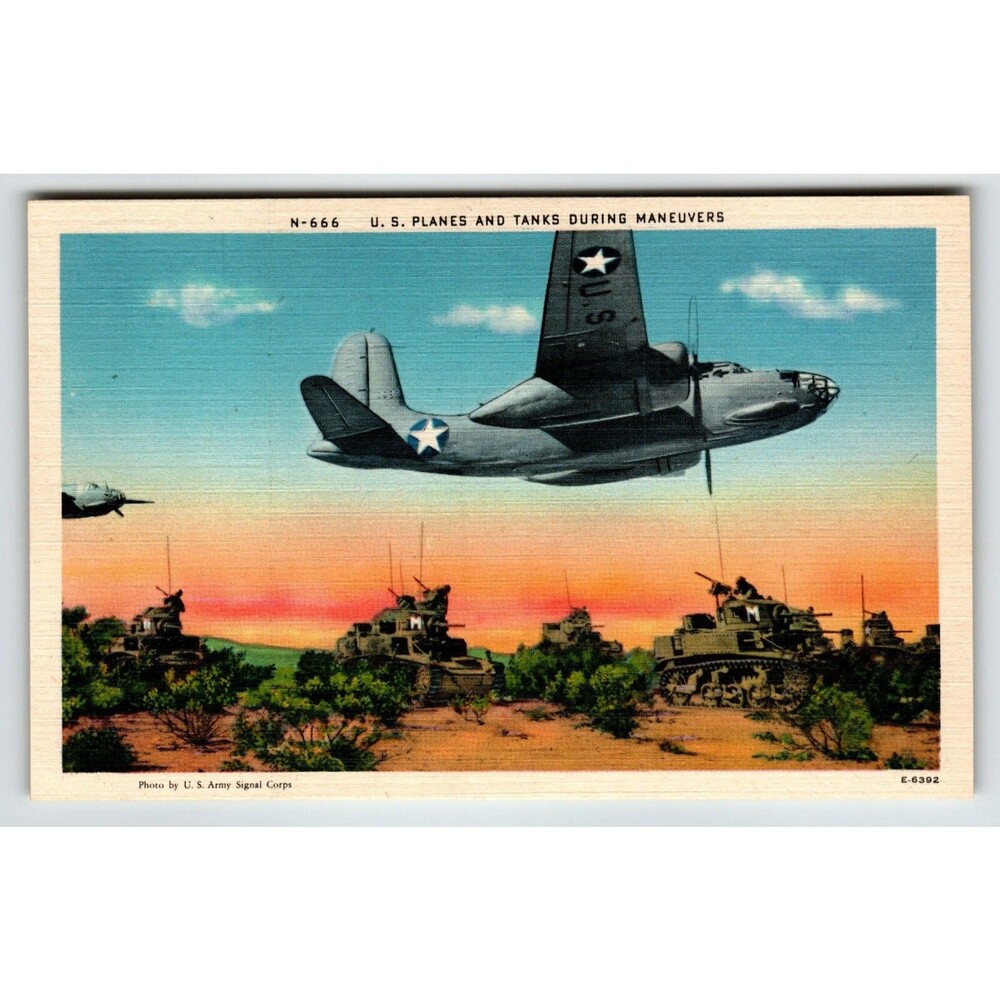 US Planes And Tanks Maneuvers Military Postcard Wartime Airplanes Linen Unused
